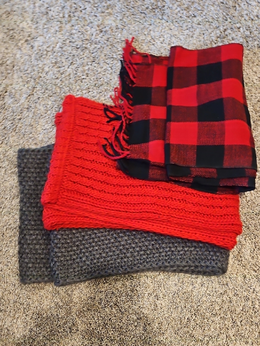 Cozy Red & Black Buffalo Plaid Scarf with Red and Gray Knit Scarves